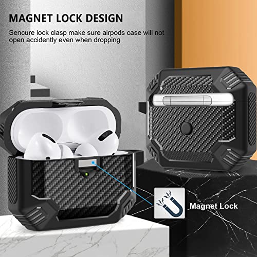Wonjury Compatible Airpods Pro Case Cover for Men with Lock, Military Armor Series Full-Body AirPod Pro Case with Keychain Cool Air Pod Pro Shockproof Protective Case for AirPods Pro 2019, Black