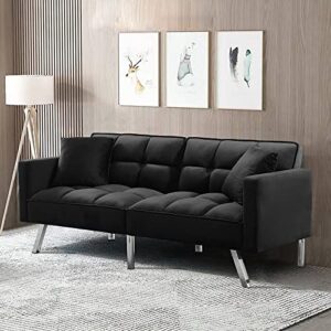 emkk futon sofa bed modern linen fabric convertible folding lounge couch loveseat daybed upholstered sofá for living apartment dorm, bonus room, 74 x 31.9 x 29.1 h, black 3 angles