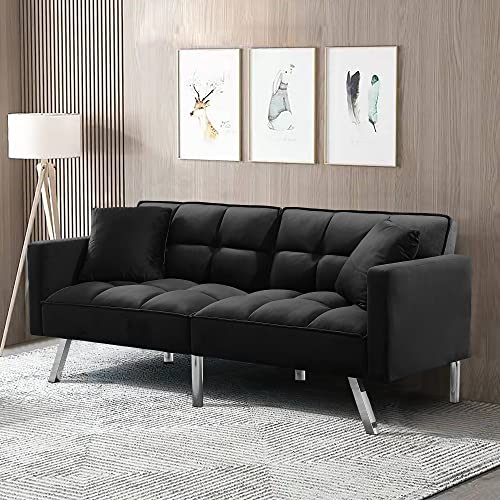 EMKK Futon Sofa Bed Modern Linen Fabric Convertible Folding Lounge Couch Loveseat Daybed Upholstered Sofá for Living Apartment Dorm, Bonus Room, 74 x 31.9 x 29.1 H, Black 3 Angles