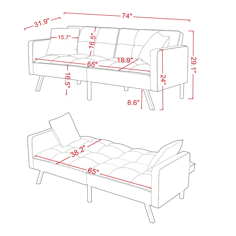 EMKK Futon Sofa Bed Modern Linen Fabric Convertible Folding Lounge Couch Loveseat Daybed Upholstered Sofá for Living Apartment Dorm, Bonus Room, 74 x 31.9 x 29.1 H, Black 3 Angles