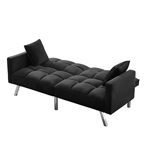 EMKK Futon Sofa Bed Modern Linen Fabric Convertible Folding Lounge Couch Loveseat Daybed Upholstered Sofá for Living Apartment Dorm, Bonus Room, 74 x 31.9 x 29.1 H, Black 3 Angles