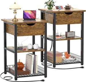 cyclysio nightstand set of 2 with charging station, end table side table with usb ports and outlets, flip top night stands with shelves, slim bedside sofa table for living room, bedroom, rustic brown