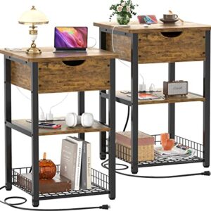 Cyclysio Nightstand Set of 2 with Charging Station, End Table Side Table with USB Ports and Outlets, Flip Top Night Stands with Shelves, Slim Bedside Sofa Table for Living Room, Bedroom, Rustic Brown