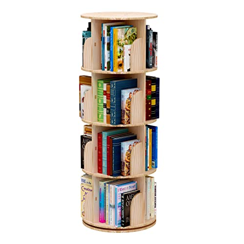 Bear Qiaqia Rotating Bookshelf 360 Degrees, 4 Tier Stackable Solid Wood Bookshelf Organizer, Storage Display Rack Floor Standing Bookcase for Kids&Adults (51"x18"x18")…