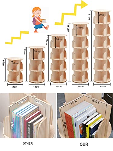 Bear Qiaqia Rotating Bookshelf 360 Degrees, 4 Tier Stackable Solid Wood Bookshelf Organizer, Storage Display Rack Floor Standing Bookcase for Kids&Adults (51"x18"x18")…