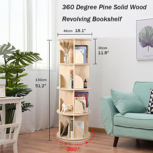 Bear Qiaqia Rotating Bookshelf 360 Degrees, 4 Tier Stackable Solid Wood Bookshelf Organizer, Storage Display Rack Floor Standing Bookcase for Kids&Adults (51"x18"x18")…