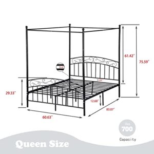 RYR Sturdy Metal Canopy Bed Frame Four-Poster Platform Bed Queen Size with Headboard and Footboard,Metal Slat Support No Noise No Box Spring Required Black