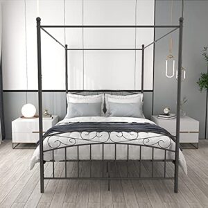 RYR Sturdy Metal Canopy Bed Frame Four-Poster Platform Bed Queen Size with Headboard and Footboard,Metal Slat Support No Noise No Box Spring Required Black