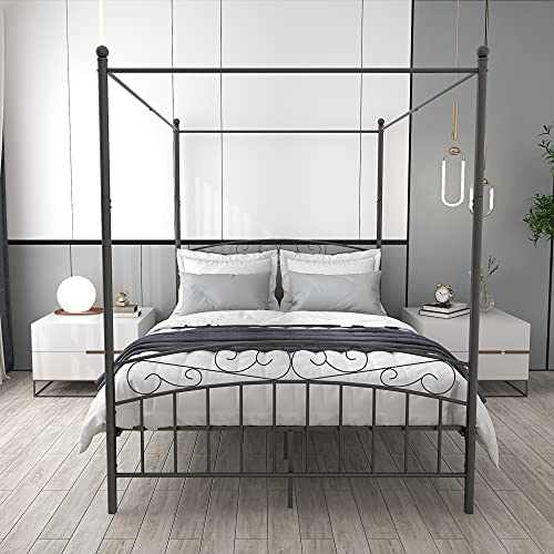 RYR Sturdy Metal Canopy Bed Frame Four-Poster Platform Bed Queen Size with Headboard and Footboard,Metal Slat Support No Noise No Box Spring Required Black