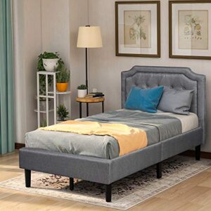 harper & bright designs twin upholstered bed with headboard, solid wood platform bed frame with wooden slat support, no box spring needed (twin size, gray)