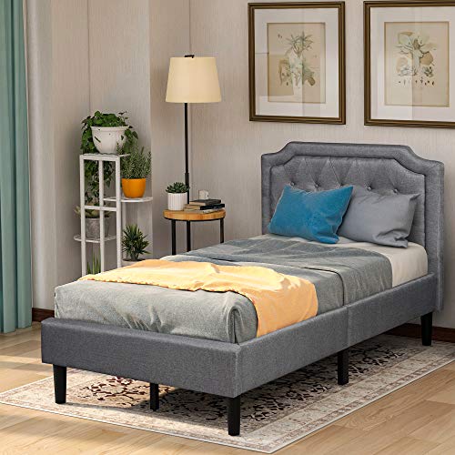 Harper & Bright Designs Twin Upholstered Bed with Headboard, Solid Wood Platform Bed Frame with Wooden Slat Support, No Box Spring Needed (Twin Size, Gray)