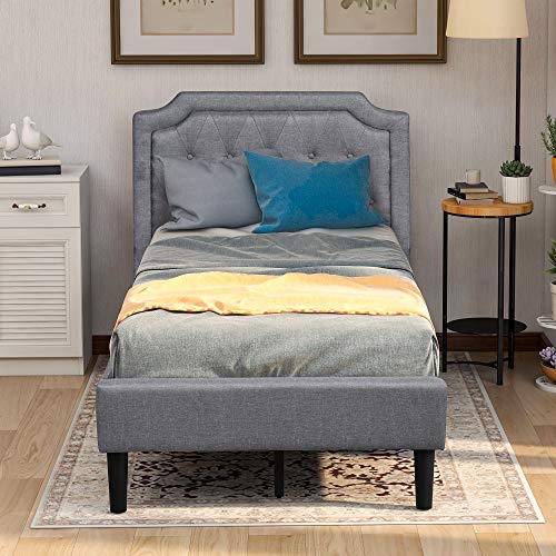 Harper & Bright Designs Twin Upholstered Bed with Headboard, Solid Wood Platform Bed Frame with Wooden Slat Support, No Box Spring Needed (Twin Size, Gray)