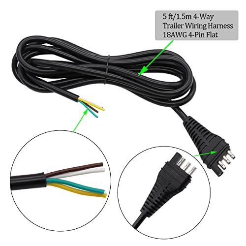 Ruibapa 4-Way Trailer Wiring Harness 5Ft(1.5m) 4-Pin Flat Trailer Wire Extension Connector P-O-066-1.5