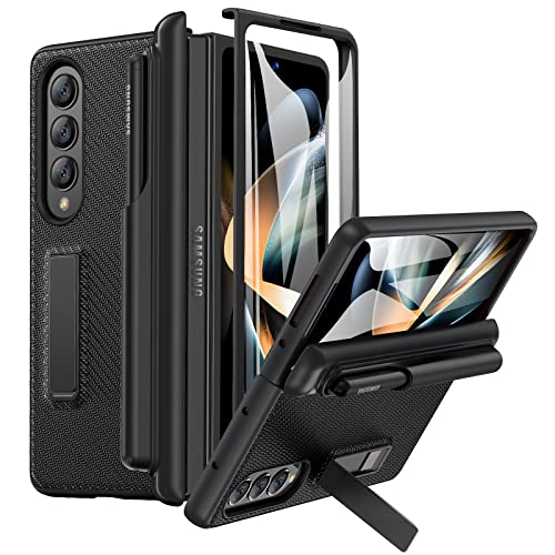 Ruky Carbon Fiber Black Case for Galaxy Z Fold 4: Hinge Protection, Detachable S Pen Holder, Built-in Screen Protector & Magnetic Kickstand