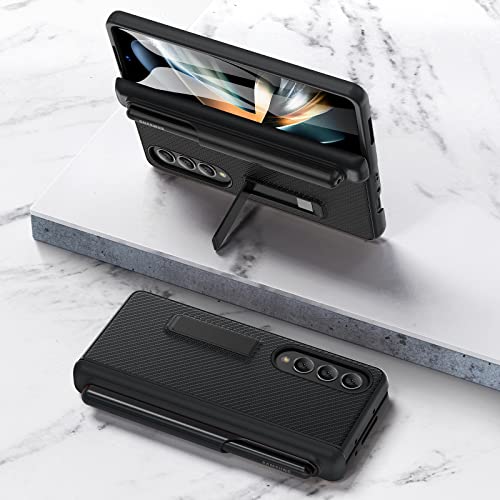 Ruky Carbon Fiber Black Case for Galaxy Z Fold 4: Hinge Protection, Detachable S Pen Holder, Built-in Screen Protector & Magnetic Kickstand