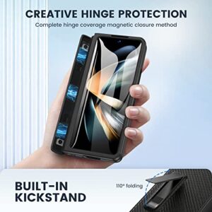 Ruky Carbon Fiber Black Case for Galaxy Z Fold 4: Hinge Protection, Detachable S Pen Holder, Built-in Screen Protector & Magnetic Kickstand