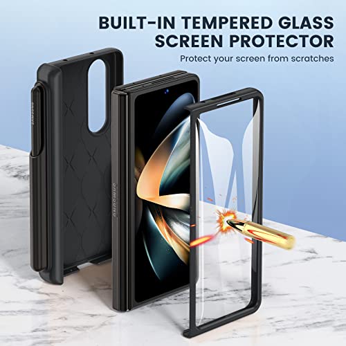 Ruky Carbon Fiber Black Case for Galaxy Z Fold 4: Hinge Protection, Detachable S Pen Holder, Built-in Screen Protector & Magnetic Kickstand