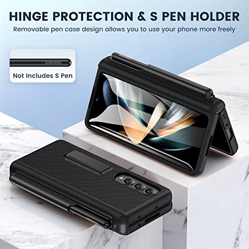 Ruky Carbon Fiber Black Case for Galaxy Z Fold 4: Hinge Protection, Detachable S Pen Holder, Built-in Screen Protector & Magnetic Kickstand