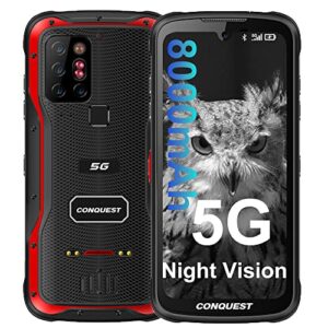 conquest s20 unlocked rugged smartphone, android 11 rugged cell phone, with ptt walkie talkie button, 8000mah battery 6.3'' fhd+, 20mp night vision camera ip68/ip69k, nfc(8+256gb, red)