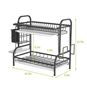 Boiarc Dish Drying Rack, 2 Tier Dish Rack for Kitchen Counter with Drainboard and Utensil Holder, Large Dish Drainer for Small Kitchen - Black