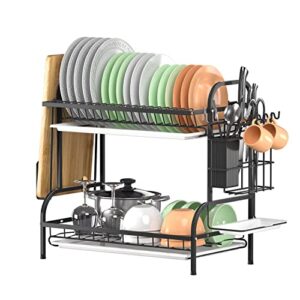 boiarc dish drying rack, 2 tier dish rack for kitchen counter with drainboard and utensil holder, large dish drainer for small kitchen - black