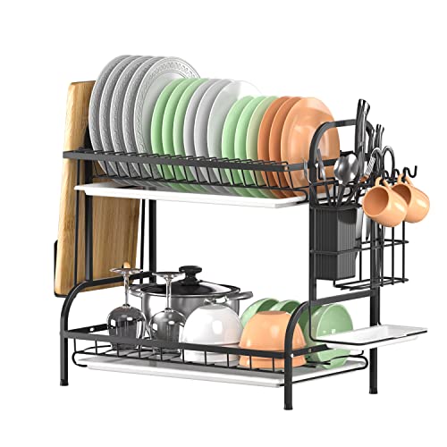 Boiarc Dish Drying Rack, 2 Tier Dish Rack for Kitchen Counter with Drainboard and Utensil Holder, Large Dish Drainer for Small Kitchen - Black