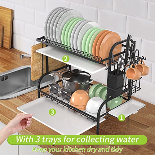 Boiarc Dish Drying Rack, 2 Tier Dish Rack for Kitchen Counter with Drainboard and Utensil Holder, Large Dish Drainer for Small Kitchen - Black