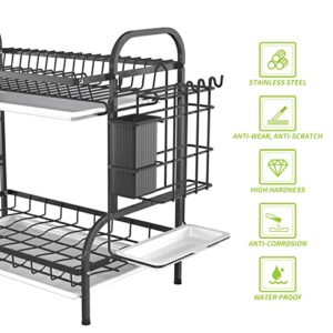 Boiarc Dish Drying Rack, 2 Tier Dish Rack for Kitchen Counter with Drainboard and Utensil Holder, Large Dish Drainer for Small Kitchen - Black