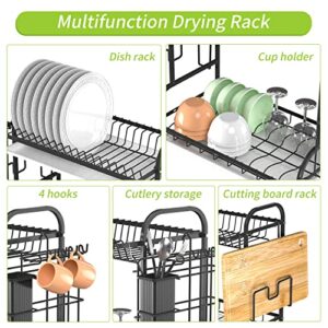 Boiarc Dish Drying Rack, 2 Tier Dish Rack for Kitchen Counter with Drainboard and Utensil Holder, Large Dish Drainer for Small Kitchen - Black