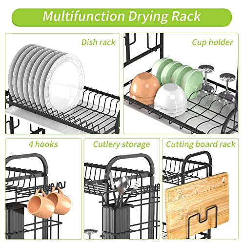 Boiarc Dish Drying Rack, 2 Tier Dish Rack for Kitchen Counter with Drainboard and Utensil Holder, Large Dish Drainer for Small Kitchen - Black