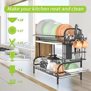 Boiarc Dish Drying Rack, 2 Tier Dish Rack for Kitchen Counter with Drainboard and Utensil Holder, Large Dish Drainer for Small Kitchen - Black