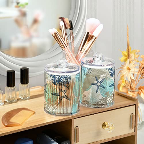 DOMIKING Algae Corals Seashells 2 Pack Cotton Swab Holder Dispenser Plastic Jar Bathroom Storage Canister Acrylic Containers for Cotton Ball Cotton Swab Cotton Round Pads