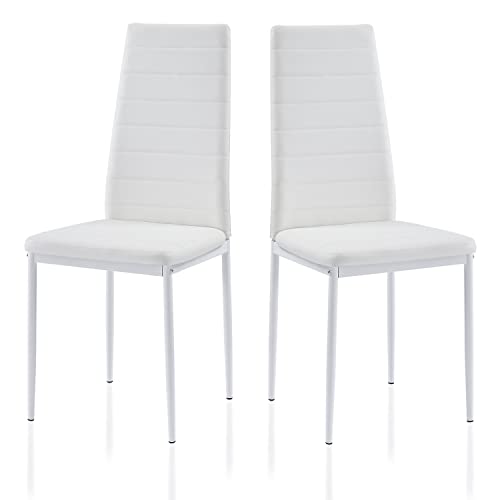 ROZHOME Dining Chair Set of 2, Modern Kitchen Chairs, Upholstered Side Chair, PU Side Chairs with Metal Legs and Frame, White