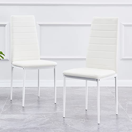 ROZHOME Dining Chair Set of 2, Modern Kitchen Chairs, Upholstered Side Chair, PU Side Chairs with Metal Legs and Frame, White