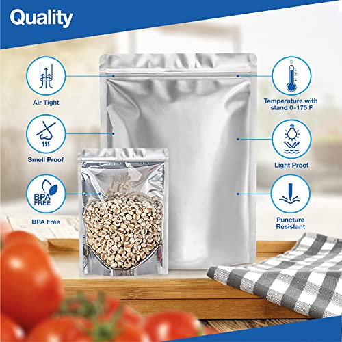 BELLE KR® 100 Pcs Mylar Bags for Food Storage With Oxygen Absorber 500cc - Large Mylar bags 1 Gallon(10x14), 7x10 & 5x8, 4x6 with 1 Side Clear - (25 Pcs Each) Stand Up Mylar Bags with 100 Labels