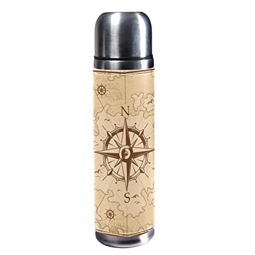 sdfsdfsd 17 oz Vacuum Insulated Stainless Steel Water Bottle Sports Coffee Travel Mug Flask Genuine Leather Wrapped BPA Free, Vintage Map