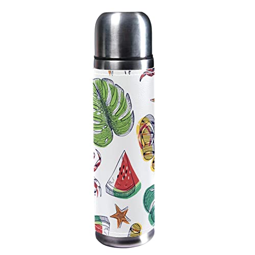 sdfsdfsd 17 oz Vacuum Insulated Stainless Steel Water Bottle Sports Coffee Travel Mug Flask Genuine Leather Wrapped BPA Free, Summer Tropical Leaves Background