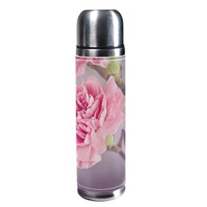 sdfsdfsd 17 oz vacuum insulated stainless steel water bottle sports coffee travel mug flask genuine leather wrapped bpa free, carnation bossom bloom pink flower