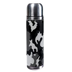sdfsdfsd 17 oz vacuum insulated stainless steel water bottle sports coffee travel mug flask genuine leather wrapped bpa free, black and grey camouflage pattern