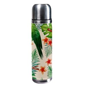 sdfsdfsd 17 oz vacuum insulated stainless steel water bottle sports coffee travel mug flask genuine leather wrapped bpa free, tropical leaves birds