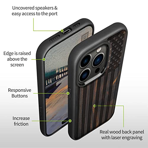 Carveit Magnetic Wood Case for iPhone 14 Pro Max [Natural Wood & Black Soft TPU] Shockproof Protective Cover Unique & Classy Wooden Case Compatible with magsafe (American Flag -Blackwood)