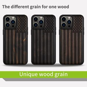 Carveit Magnetic Wood Case for iPhone 14 Pro Max [Natural Wood & Black Soft TPU] Shockproof Protective Cover Unique & Classy Wooden Case Compatible with magsafe (American Flag -Blackwood)