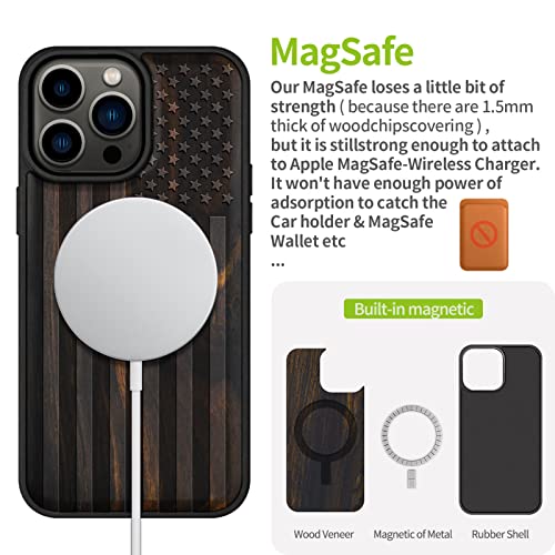 Carveit Magnetic Wood Case for iPhone 14 Pro Max [Natural Wood & Black Soft TPU] Shockproof Protective Cover Unique & Classy Wooden Case Compatible with magsafe (American Flag -Blackwood)