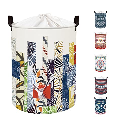 Clastyle 45L Geometric Abstract Art Laundry Baskets with Drawstring Blue Collapsible Laundry Hamper for Clothes Bedroom, 14.2x17.7 in