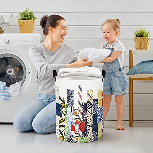 Clastyle 45L Geometric Abstract Art Laundry Baskets with Drawstring Blue Collapsible Laundry Hamper for Clothes Bedroom, 14.2x17.7 in