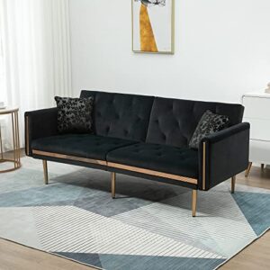 homsof black loveseat sleeper bed, small couch for bedroom, 2 seater mid century modern velvet sofa with metal legs
