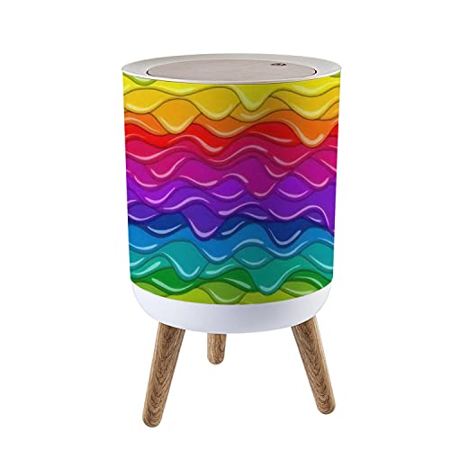 Small Trash Can with Lid Bright Rainbow Glaze Seamless Texture for Fabric Wrapping Decorative Garbage Bin Wood Waste Bin Press Cover Round Wastebasket for Bathroom Bedroom Diaper Office Kitchen