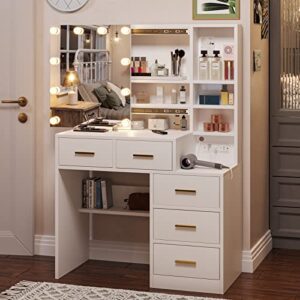 tiptiper makeup vanity with lights, vanity table with charging station, vanity desk with sliding mirror and 10 led light bulbs, makeup table with 5 drawers, hidden and open storage shelves, white