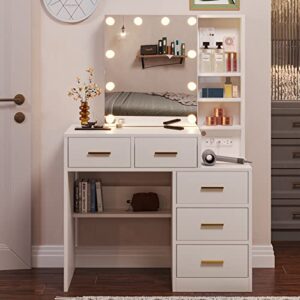 Tiptiper Makeup Vanity with Lights, Vanity Table with Charging Station, Vanity Desk with Sliding Mirror and 10 LED Light Bulbs, Makeup Table with 5 Drawers, Hidden and Open Storage Shelves, White