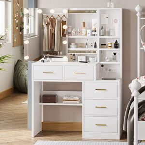 Tiptiper Makeup Vanity with Lights, Vanity Table with Charging Station, Vanity Desk with Sliding Mirror and 10 LED Light Bulbs, Makeup Table with 5 Drawers, Hidden and Open Storage Shelves, White